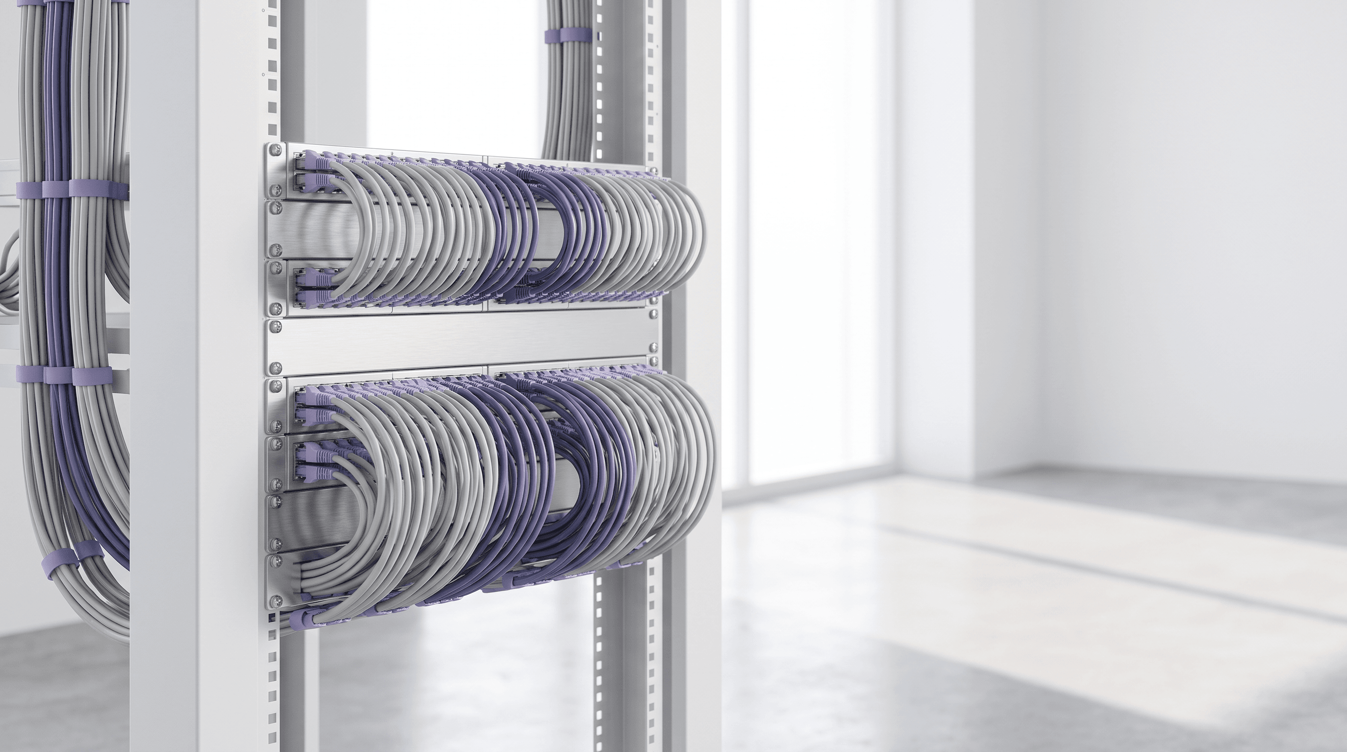 Neat patch panel with pale gray and indigo cables