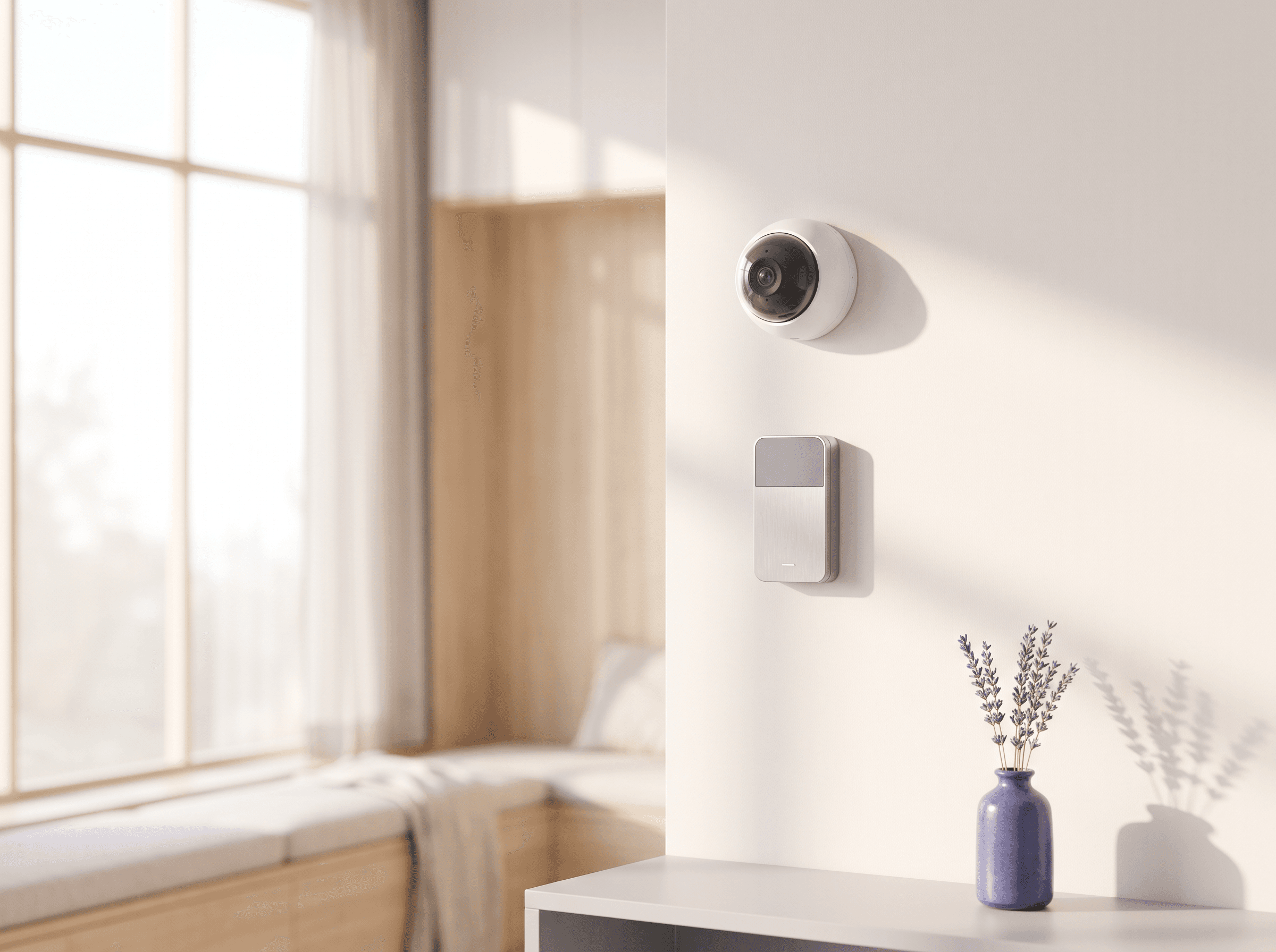 White dome camera and alarm keypad on a light wall