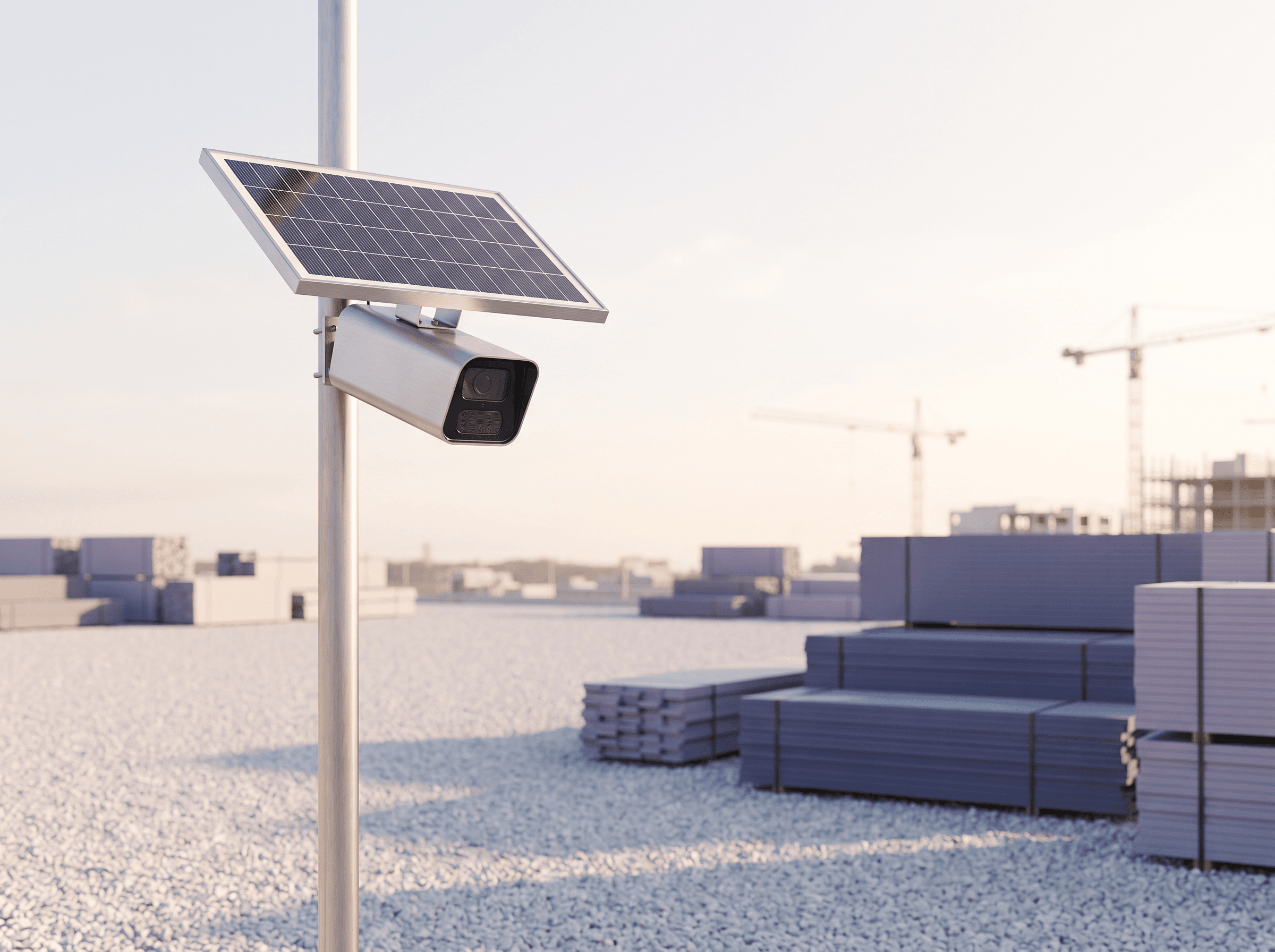 Solar camera on a construction site at dawn