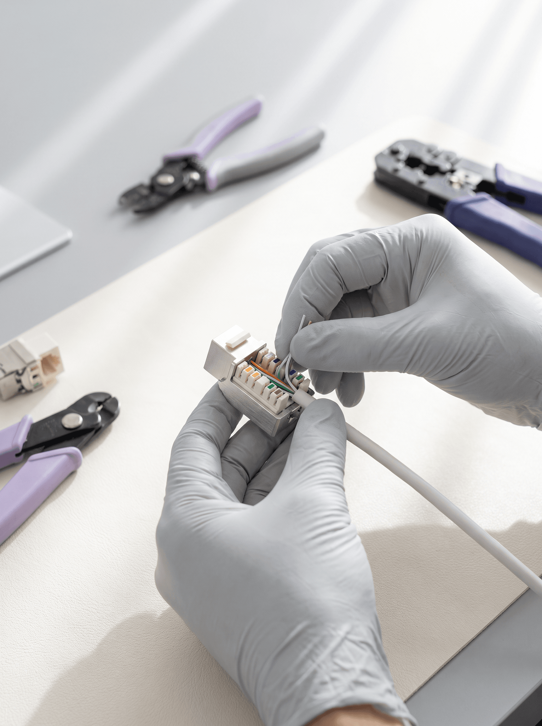 Gloved hands terminating a data cable into a keystone jack