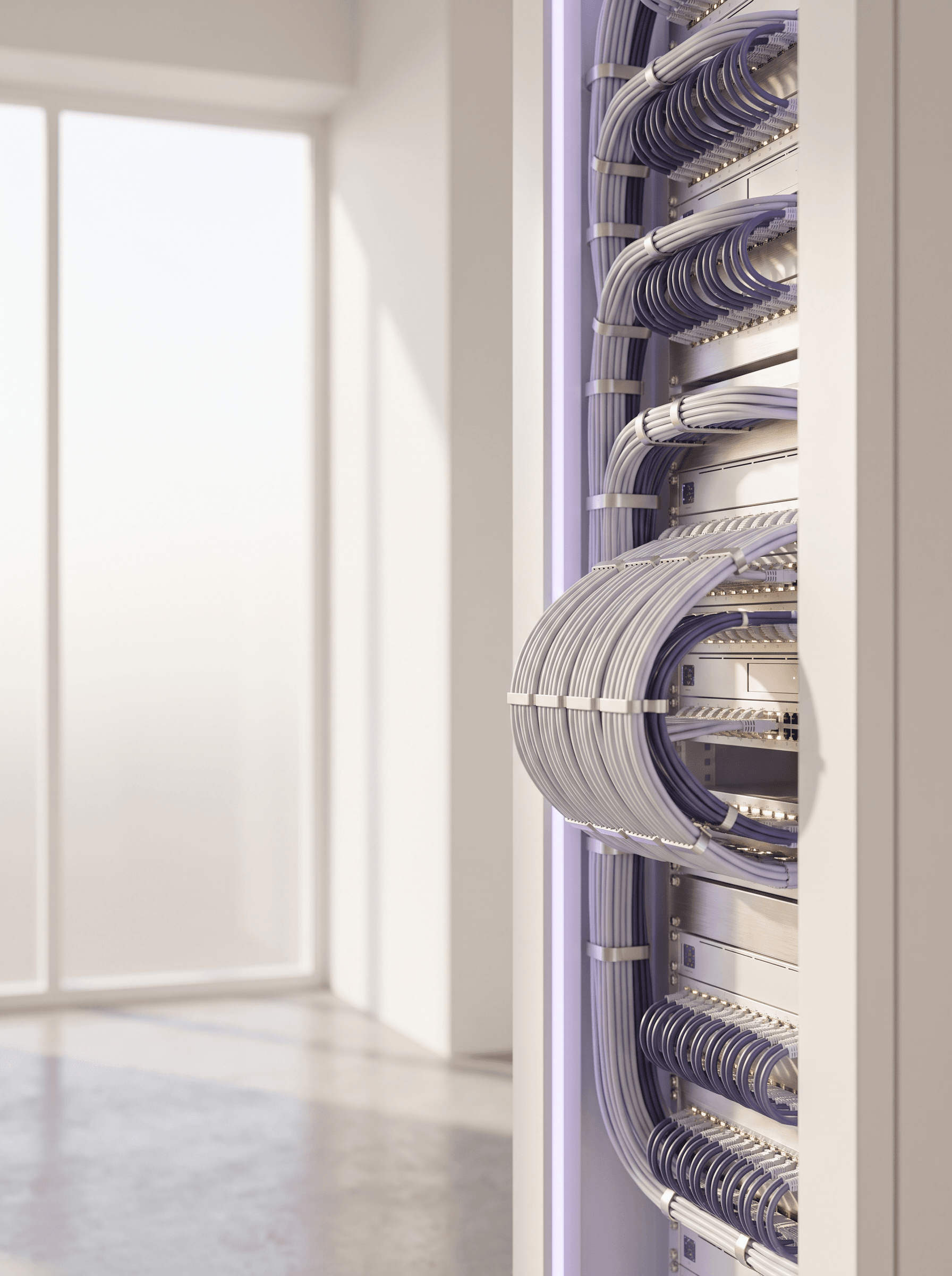 Neatly routed cables in a white server rack