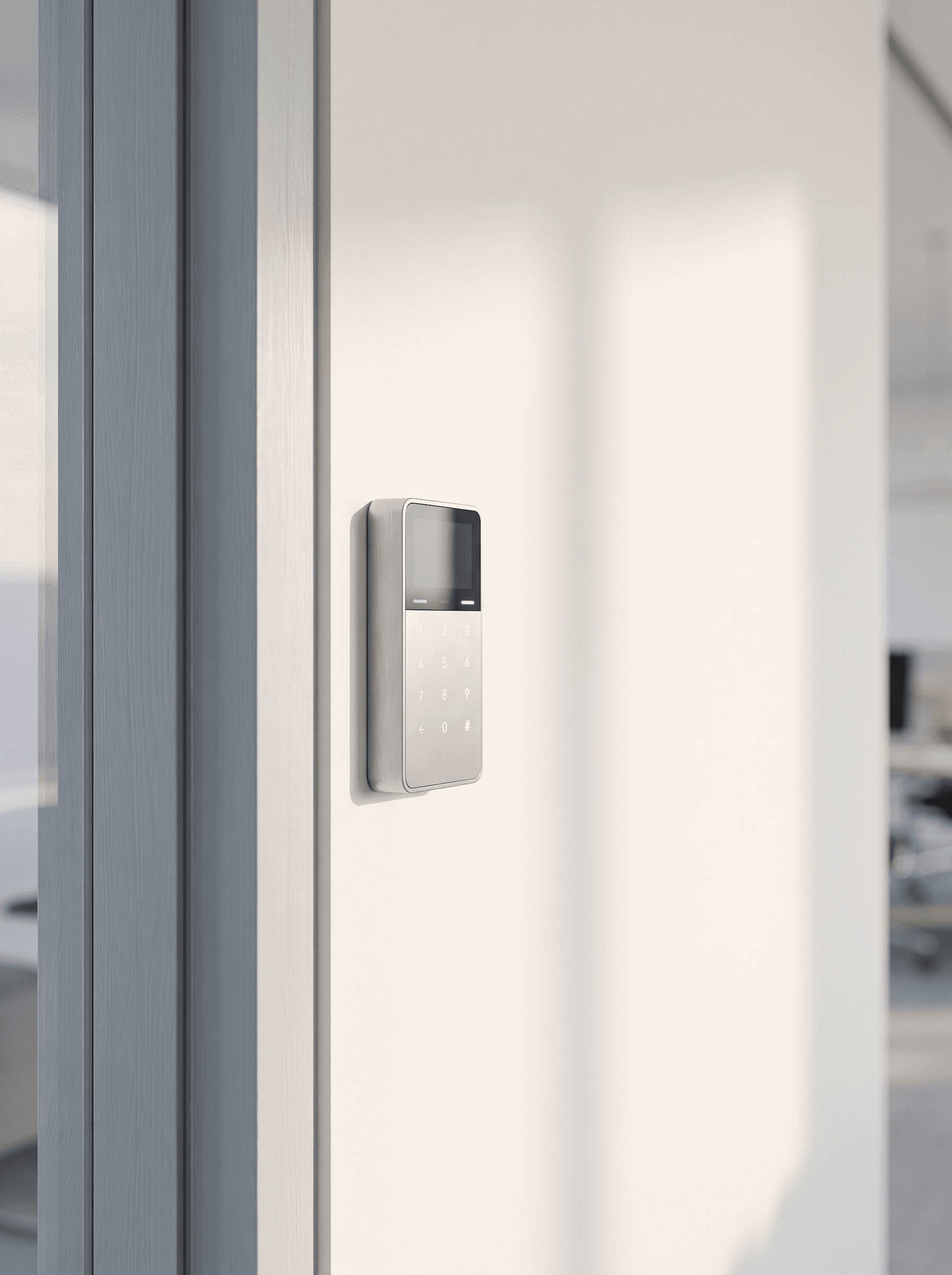 Alarm keypad installed beside an office door