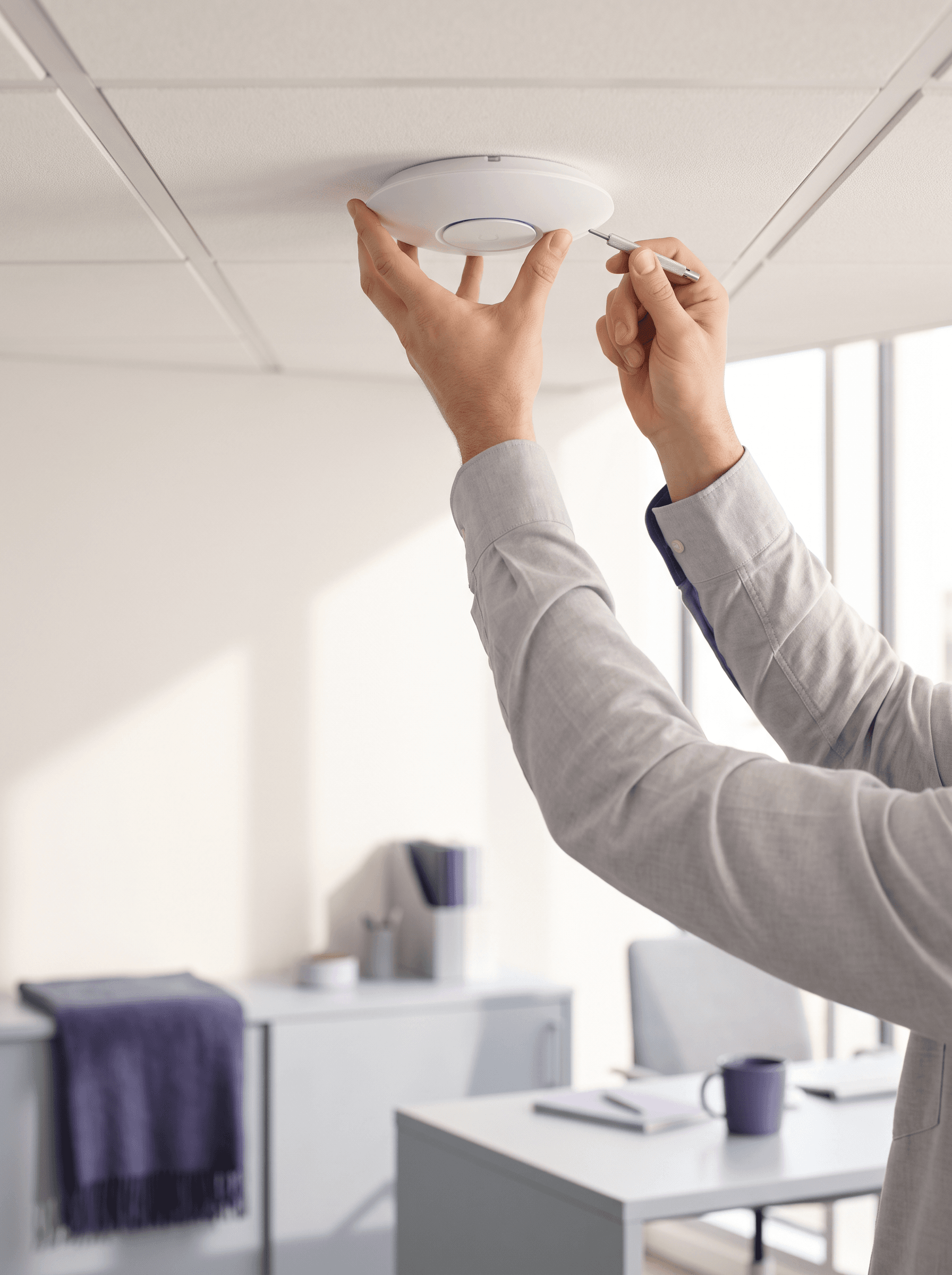 Technician installing a ceiling access point