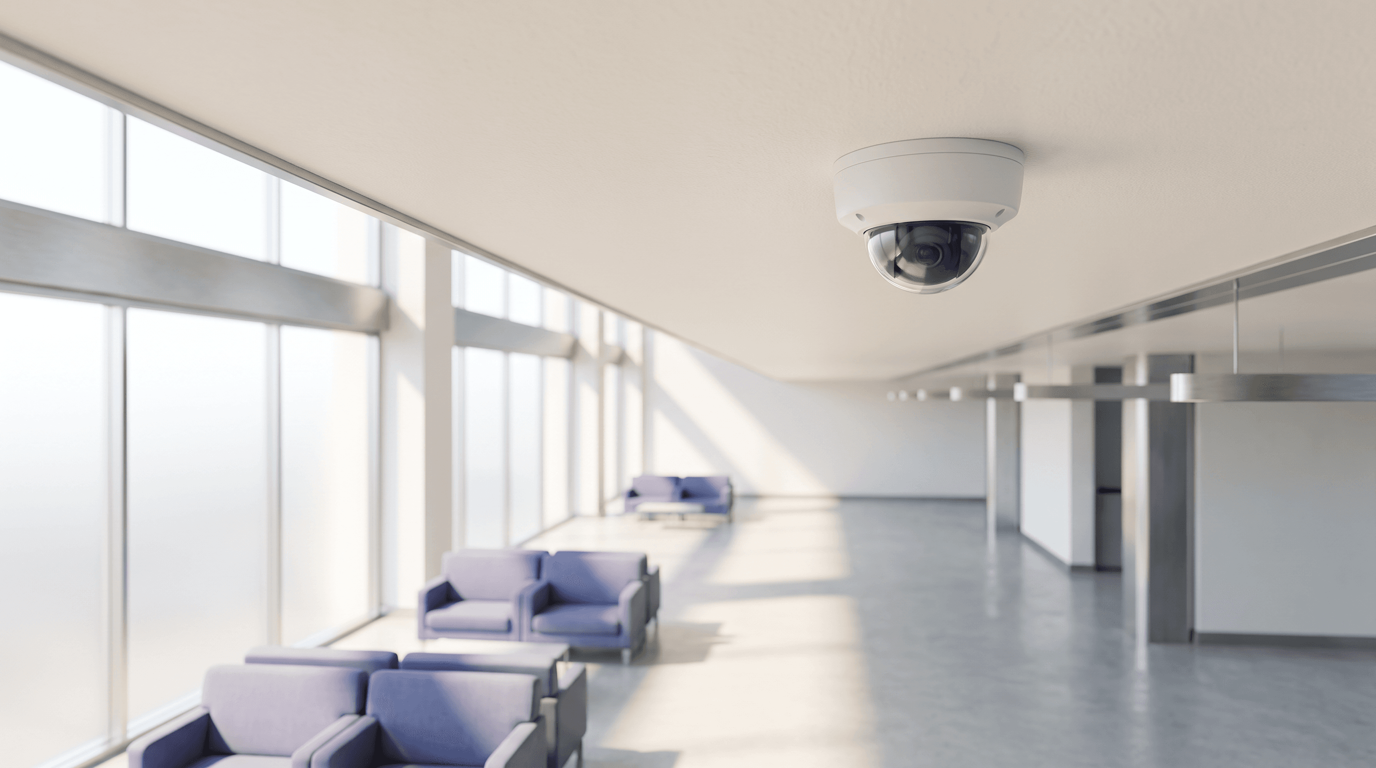 White dome camera on a clean white ceiling