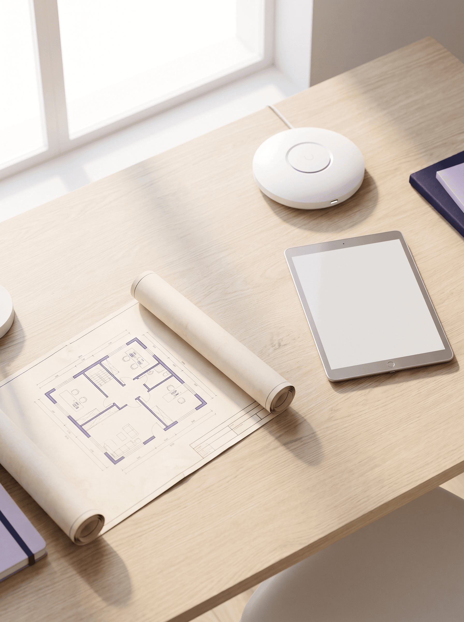 Floor plan and tablet on a light oak desk