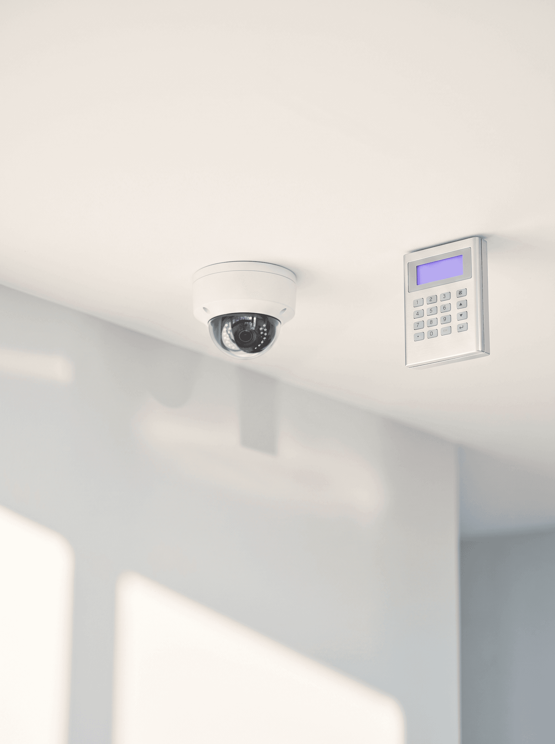 White dome camera on a clean ceiling