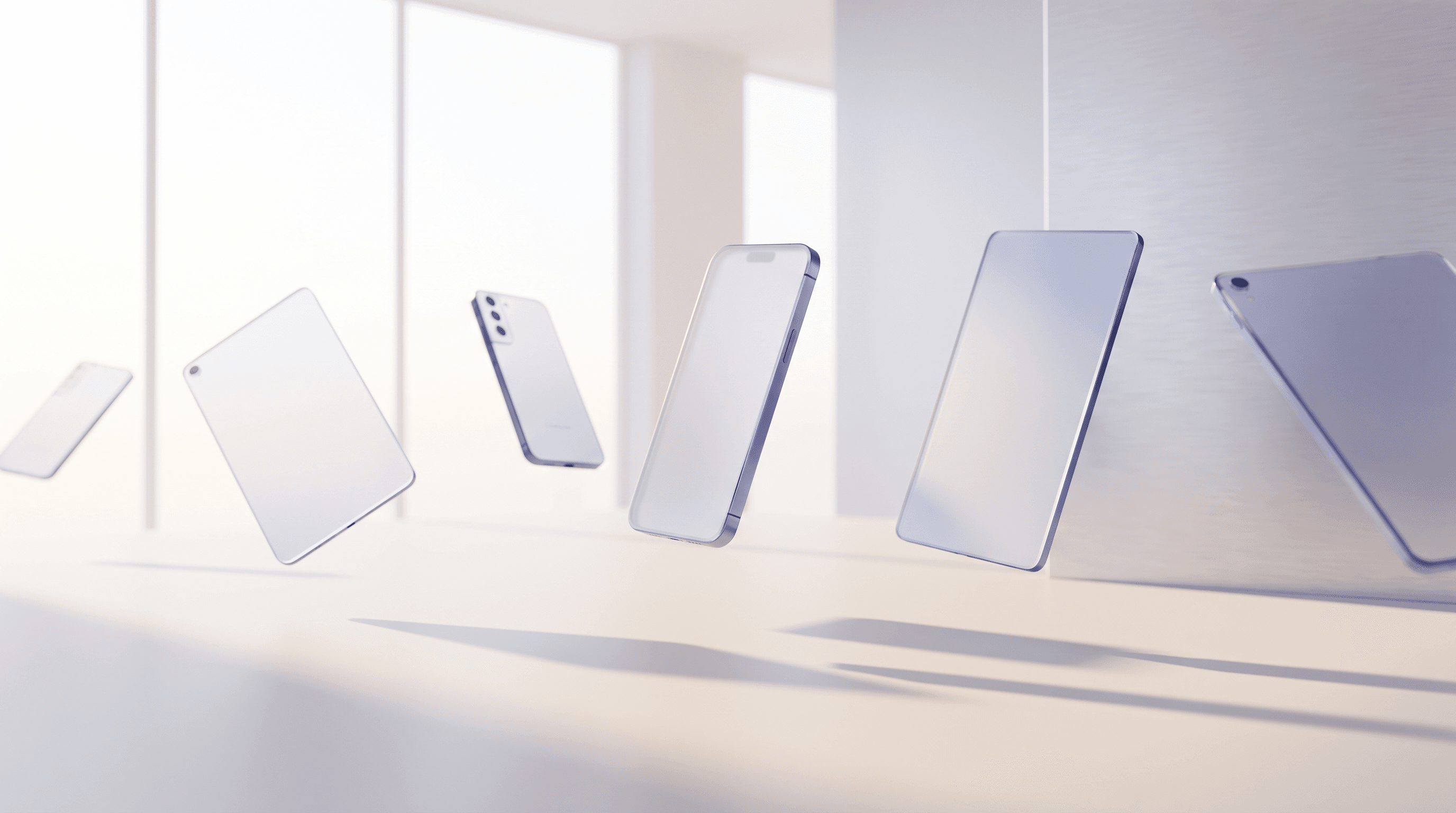 Frosted glass devices floating in soft light